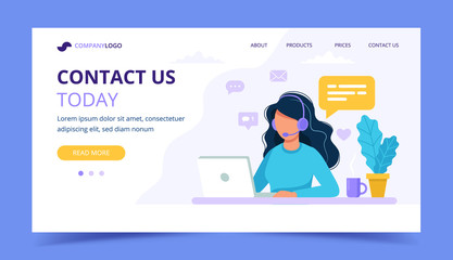 Aufkleber - Contact us landing page. Woman with headphones and microphone with computer. Concept illustration for support, assistance, call center. Vector illustration in flat style