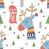 Christmas seamless pattern with stylized christmas deer and fir tree on white background. Unique hand drawn design.Vector illustration. Great for greeting postcard, nursery poster, wrapping.
