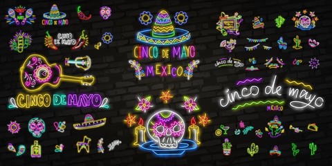 Neon Mexican icons. Icon from Cinco De Mayo. Mexico neon sign. Cactus, Flag Mexico, Tequila, Mexican hat, Skull, Taco, Maracas, Chilli, Shot icon. Vector