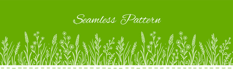 Wall Mural - green seamless pattern with wild flowers and herbs
