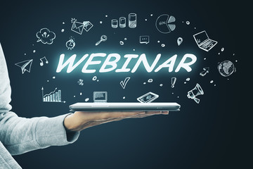 Poster - hand holding tablet with webinar sketch