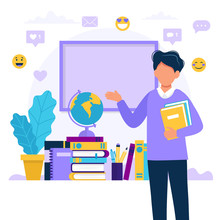 Male Teacher With Books And Chalkboard. Concept Illustration For School, Education, University. Vector Illustration In Flat Style