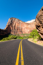 Road In Zion Canyon Overlooked By Angels Landing, Zion National Park, Utah