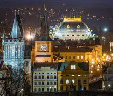 Charles Bridge East Tower And National Theatre At Night, Prague, Czech Republic