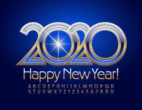 Vector Happy New Year 2020 Greeting Card. Golden slim Font. Stylish Alphabet Letters and Numbers.
