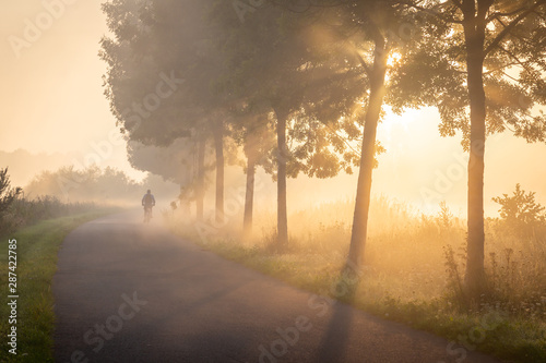 Fotografía Cyclist in the fog on the towpath along the Lys in Lauwe - Menen, Belgium