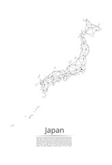 Poster - Japan communication network map. Vector low poly image of a global map with lights in the form of cities in or population density consisting of points and shapes in the form of stars and space.