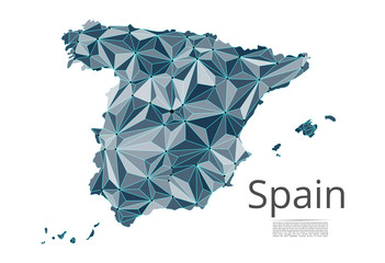 Poster - Spain communication network map. Vector low poly image of a global map with lights in the form of cities in or population density consisting of points and shapes and space. Easy to edit