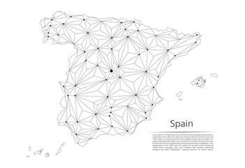 Poster - Spain communication network map. Vector low poly image of a global map with lights in the form of cities in or population density consisting of points and shapes and space. Easy to edit