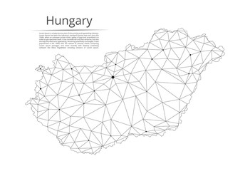 Aufkleber - Hungary communication network map. Vector low poly image of a global map with lights in the form of cities in or population density consisting of points and shapes and space. Easy to edit