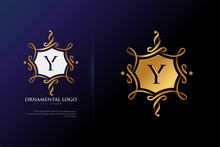 Letter Y Monogram With 3d Gold Baroque Style Swirl Ornament Logo Template Collection
