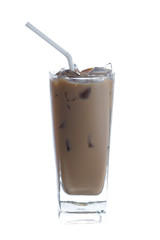 Sticker - Iced coffee latte in long glass on white background