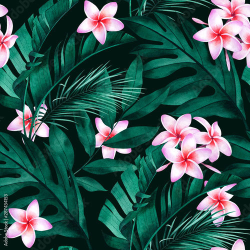tropikalny-wzor-z-kwiatow-plumeria-egzotycznych-monstera-bananow-i-lisci-palmowych-na-ciemnym-tle