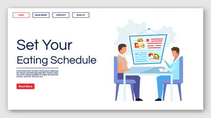 Wall Mural - Setting eating schedule landing page vector template. Healthy nutrition website interface idea with flat illustrations. Dietitian homepage layout. Fighting obesity web banner, webpage cartoon concept