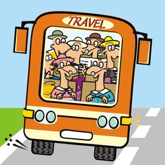 Orange bus with seniors. Front view. Vector icon. Funny illustration.