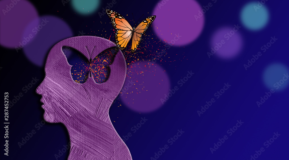 Graphic dreaming butterfly thought escapes iconic opening in mind - obrazy, fototapety, plakaty 