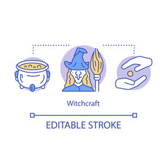 Sticker - Witchcraft concept icon. Alchemy and wizardry idea thin line illustration. Cauldron with brewing magic potion and evil witch with broomstick vector isolated outline drawing. Editable stroke