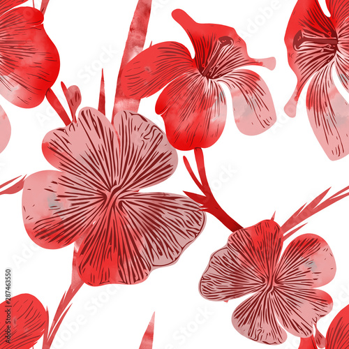 Colored flowers seamless pattern.  Watercolor illustration.