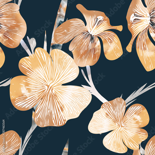Colored flowers seamless pattern.  Watercolor illustration.