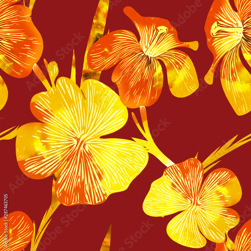 Colored flowers seamless pattern.  Watercolor illustration.