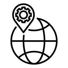 Poster - Globe geo tag gear icon. Outline globe geo tag gear vector icon for web design isolated on white background