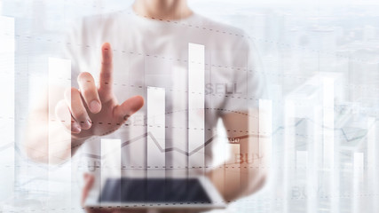 Financial stock trading graph chart diagram business finance concept double exposure mixed media.