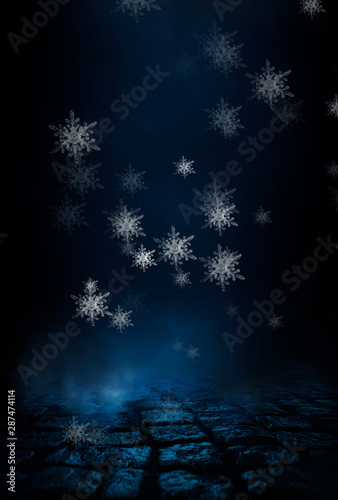 Foto-Schiebegardine mit Schienensystem - Empty dark, winter scene with snowflakes, winter dark background. Abstract snow, blizzard. Abstract light, rays, snow. Winter night. (von MiaStendal)