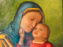 Detail Of Medieval Italian Fresco Showing Love Between Mary And Baby Jesus