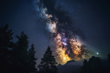 Wall Mural - milky way galaxy in universe astrophotography. silhouettes of mountains and trees. stars and nebula 
