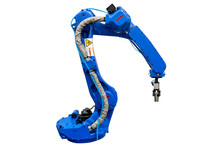 Isolated Robot Arm Machine For Industry Manufacture Operation On White Background.