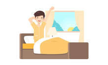 Man Character Get Up On Bed Room In The Morning