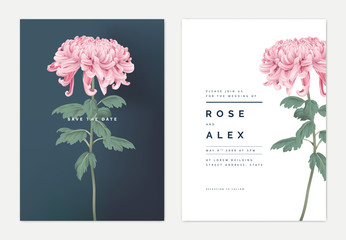Wall Mural - minimalist floral wedding invitation card template design, pink chrysanthemum morifolium flower with