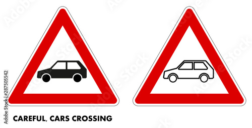 Warning Cars Sign Simple Car Drawing In Red Triangle