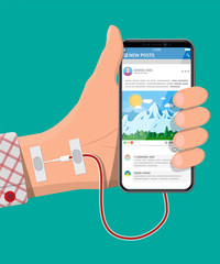 Poster - Mans hand connected with needle to mobile smart phone. Addiction from gadget with social media. Addicted to social networks, chatting and messaging. Vector illustration in flat style