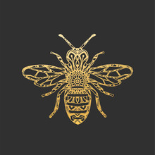 Golden Abstract Ornamental Bee Shape. Vector Honey Bee For Your Design.