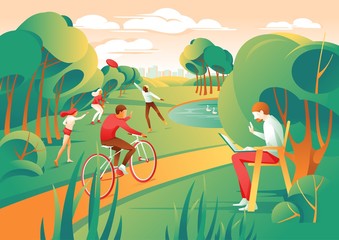 Cartoon People in City Park. Man Sit Bench Work Notebook. Woman Play Frisbee. Man Ride Bicycle Vector Illustration. Nature Active Leisure. Healthy Sport Activity. Weekend Picnic Fun