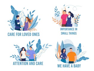 Wall Mural - Happy Pregnancy Flat Cards Set. Husband and Pregnant Wife Cartoon Collection. Care for Loved Ones, Importance in Small Things, Attention and Care, We Have Baby Lettering. Vector Illustration