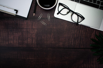 Poster - Top view with copy space. Modern young businessman's desk with accessories.
