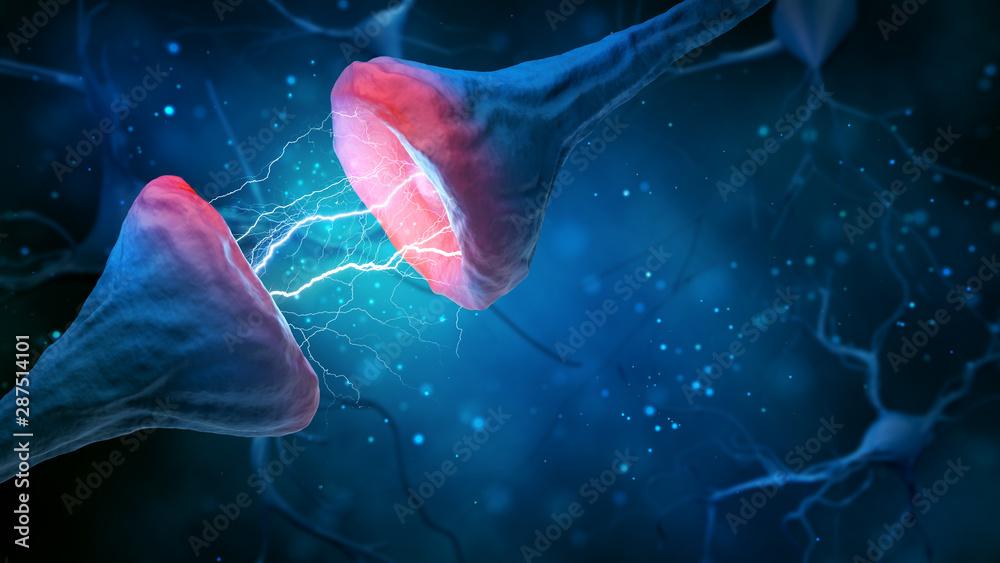 Illustration of synapse and neuron on a blue background. - obrazy, fototapety, plakaty 