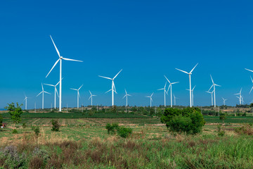 green meadow with Wind turbines generating electricity