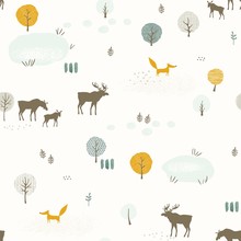 Seamless Pattern With Foxs, Family Of Mooses, Lakes And Trees, Texture Landscape In Retro Flat Style. Vector Print In Pastel Colors.