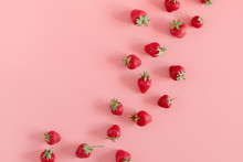 Strawberries On Pink Background. Strawberries Berries Pattern. Creative Food Concept. Flat Lay, Top View, Copy Space