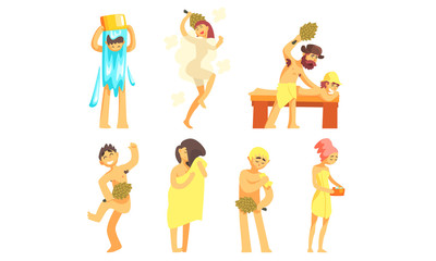 Canvas Print - People Bathing in Sauna or Bathhouse Set, People Enjoying Hot Steam Procedures Vector Illustration