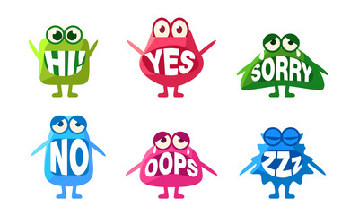 Sticker - Cute Monsters Characters Set, Colorful Emojis with Words In Their Mouths, Hi, Yes, Sorry, No, Oops, Zzz Vector Illustration