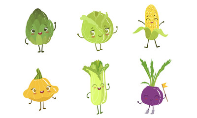 Sticker - Cute Happy Vegetable Characters Set, Artichoke, Cabbage, Corn Cob, Squash, Chinese Cabbage, Beet Vector Illustration