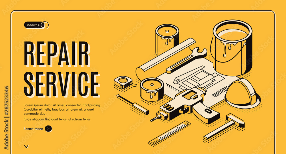 Repair service isometric landing page, engineering construction plan with tools for house renovation as paint, drill, helmet. Architect building company service 3d vector web banner template, line art - obrazy, fototapety, plakaty 