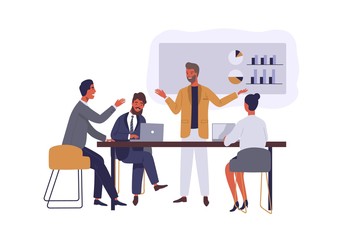 Aufkleber - Business conference flat vector illustration. Boss and employees discussing project isolated cartoon characters on white background. Manager presenting company financial report. Brainstorming team.