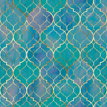 Watercolor Abstract Geometric Seamless Pattern. Arab Tiles. Kaleidoscope Effect. Watercolour Vintage Mosaic Texture