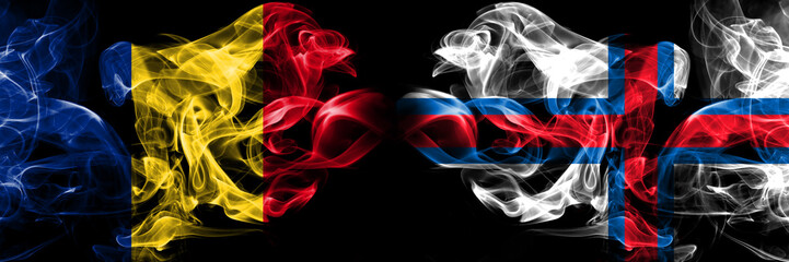 Romania, Romanian, Faroe Islands, flip competition thick colorful smoky flags. European football qualifications games