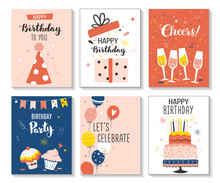 Happy Birthday Greeting Card And Party Invitation Set, Vector Illustration, Hand Drawn Style.